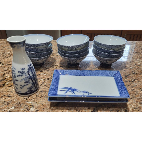 Matching Set (12) ASIAN Bamboo Porcelain Rice Bowls/2 Sushi Plates/1 Vase - Picture 1 of 16